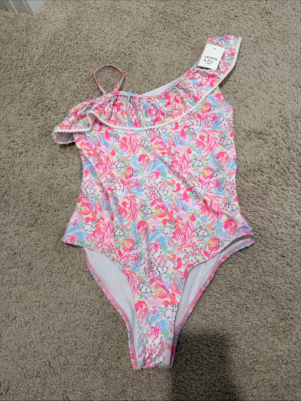 crown & ivy Pink Floral One-Shoulder Ruffle Swimsuit